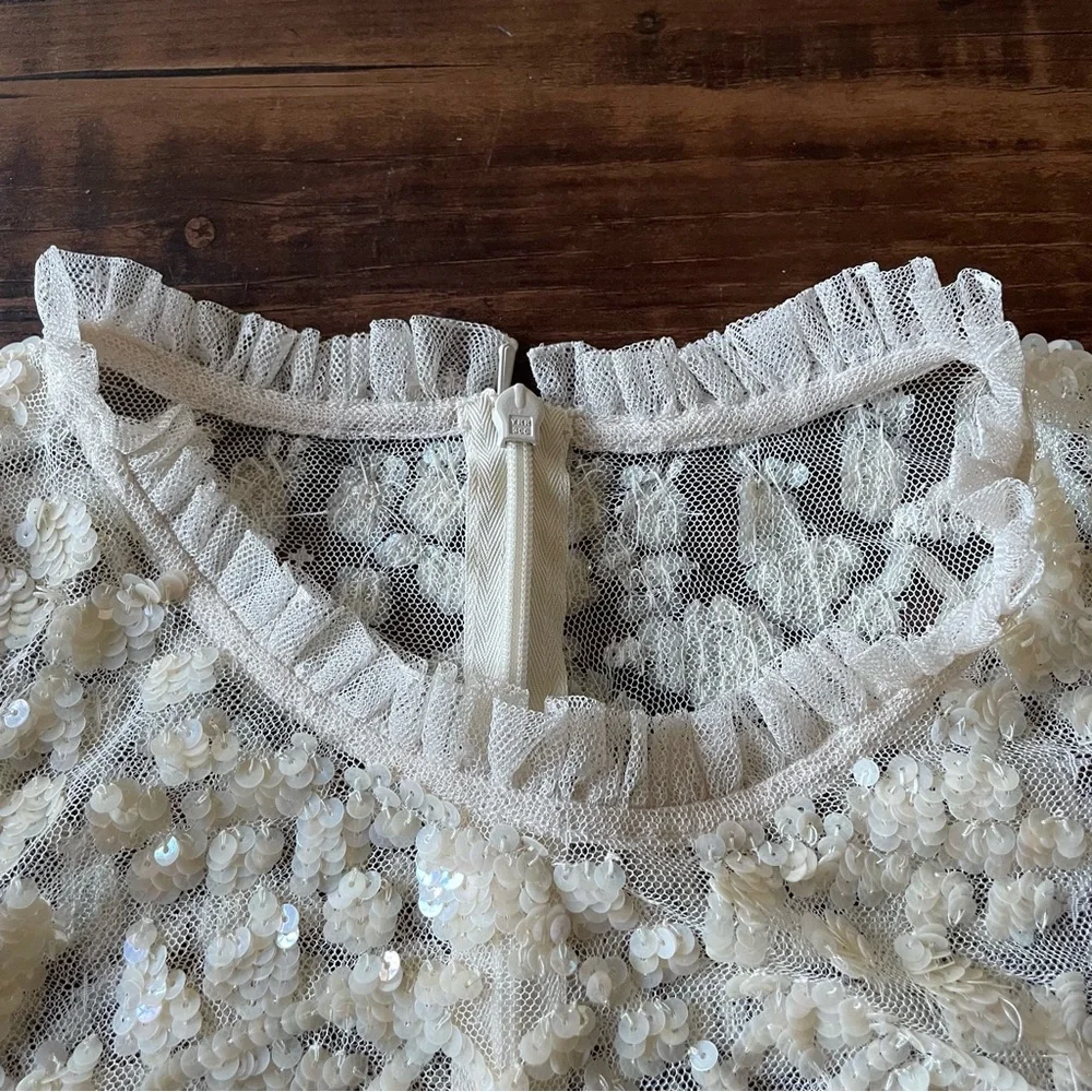 NEEDLE & THREAD Aurelia Sequin Embellished Top Natural Cream Ruffle Sheer Blouse - Picture 8 of 15